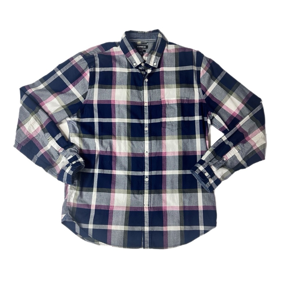 Express Men's soft wash purple and blue plaid long sleeve button-up shirt.